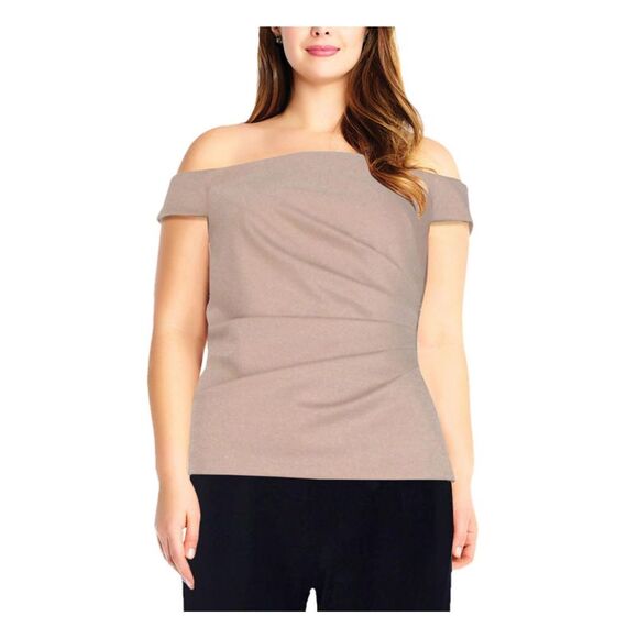 ADRIANNA PAPELL Womens Beige Glitter Zippered Off Shoulder Party Top Plus 24W - Picture 1 of 1